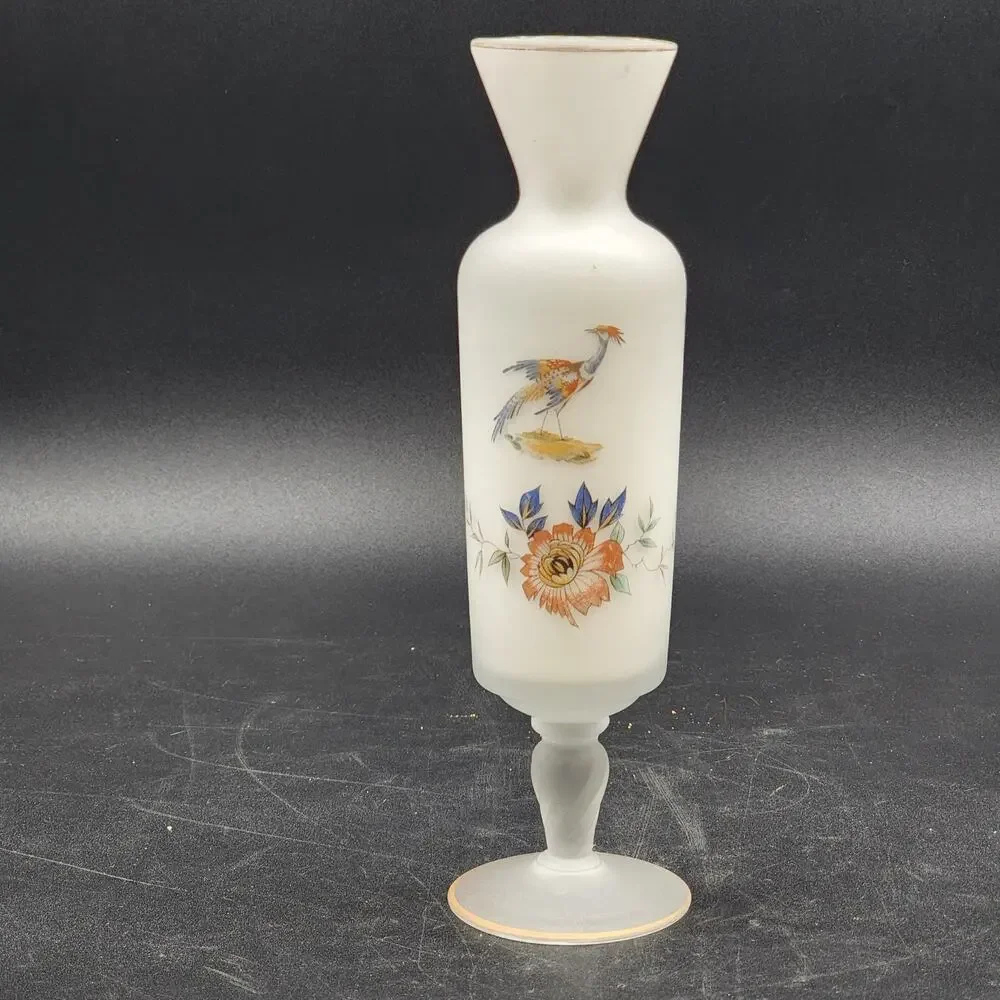 Norleans Frosted Satin Art Glass Vase Hand Painted Bird Bristol Gold Trim 10